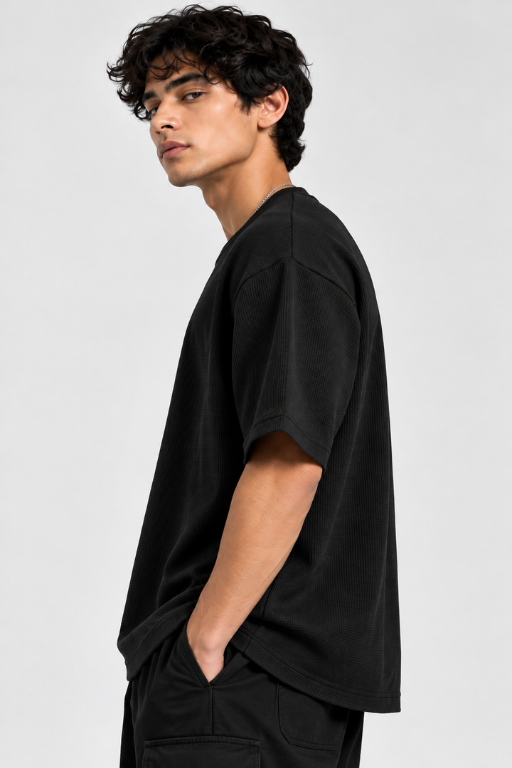 260GSM Unisex Black Waffle Oversized Tshirt
