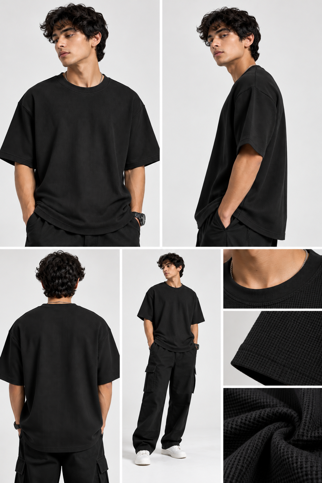 260GSM Unisex Black Waffle Oversized Tshirt