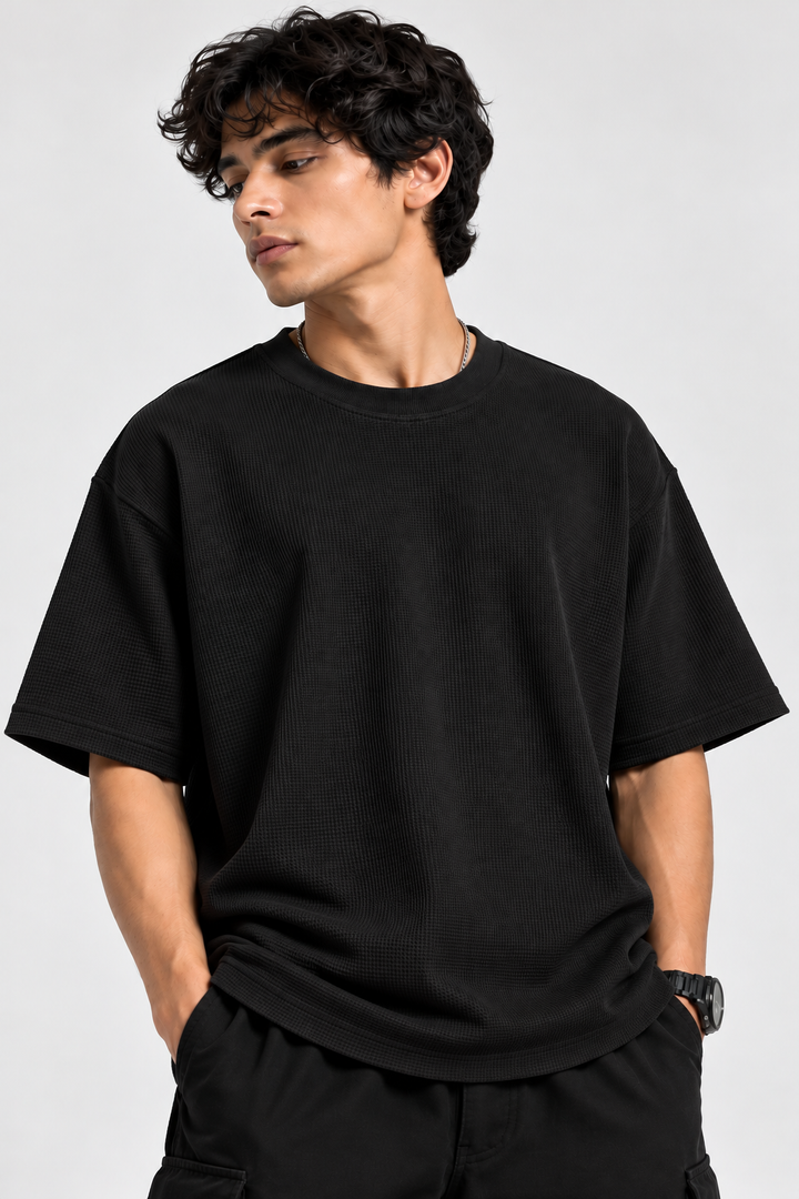 260GSM Unisex Black Waffle Oversized Tshirt