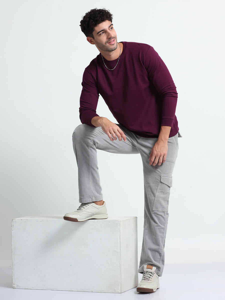 Wine Warm Cotton Flannel Round Neck Sweatshirt main image 0